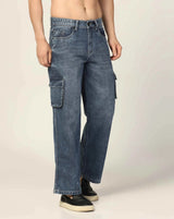 Kagad Jeans Mens Loose Fit Wide Leg Fadded Blue Cargo Jeans - Style Code "KGDCRG-403048