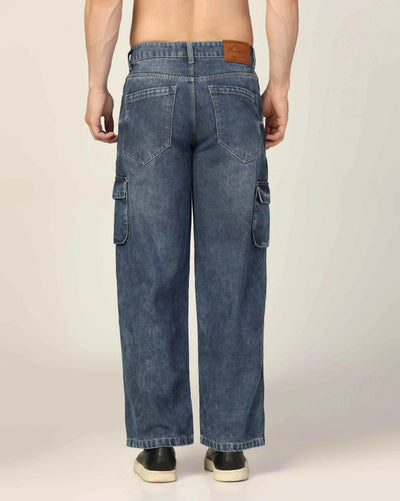 Kagad Jeans Mens Loose Fit Wide Leg Fadded Blue Cargo Jeans - Style Code "KGDCRG-403048