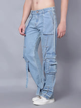Kagad Jeans Mens Loose Fit Wide Leg Aged Indigo Cargo Jeans - Style Code "KGDCRG-403065