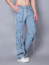 Kagad Jeans Mens Loose Fit Wide Leg Aged Indigo Cargo Jeans - Style Code "KGDCRG-403065