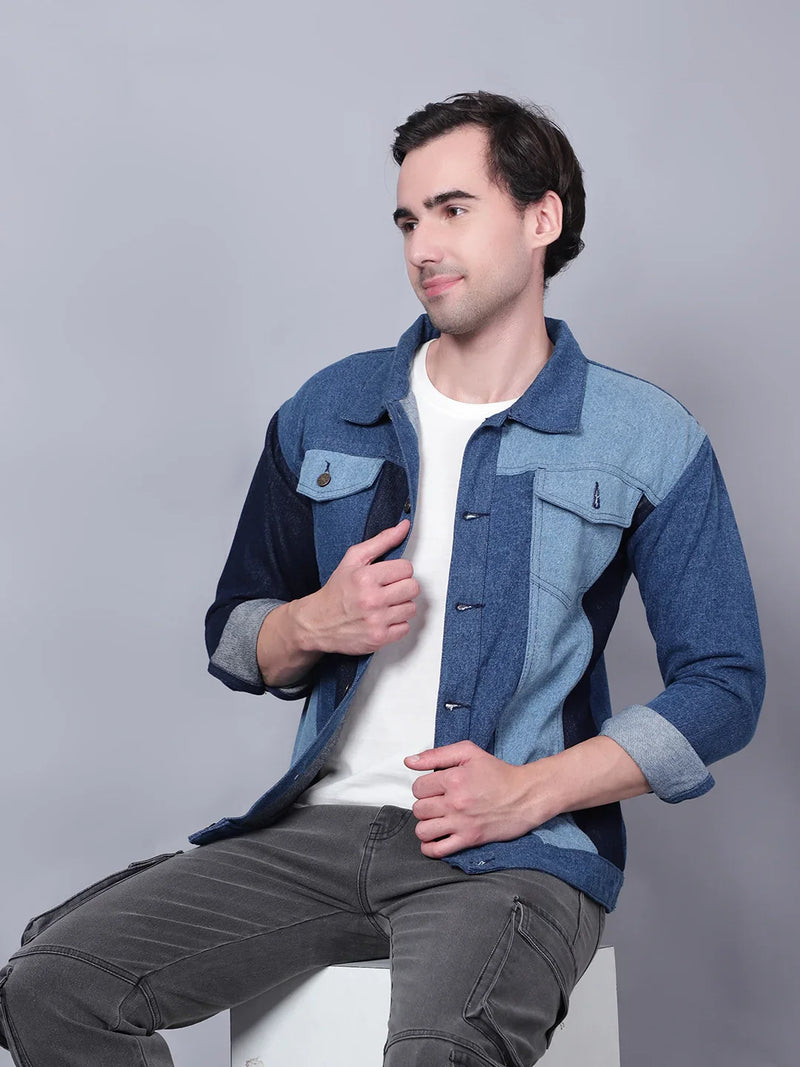 Kagad Jeans Men Regular Fit Indigo Color Block Denim Jacket - Style Code 