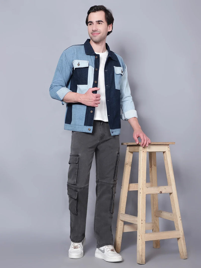 Kagad Jeans Men Regular Fit Indigo Color Block Denim Jacket - Style Code 
