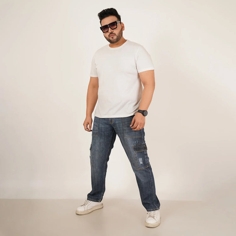 Kagad Jeans Mens Plus Size Straight Fit Sea Blue Tint  Color Denim Cargo Jeans - Style Code 
