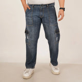 Kagad Jeans Mens Plus Size Straight Fit Sea Blue Tint  Color Denim Cargo Jeans - Style Code "KGDCR-406048