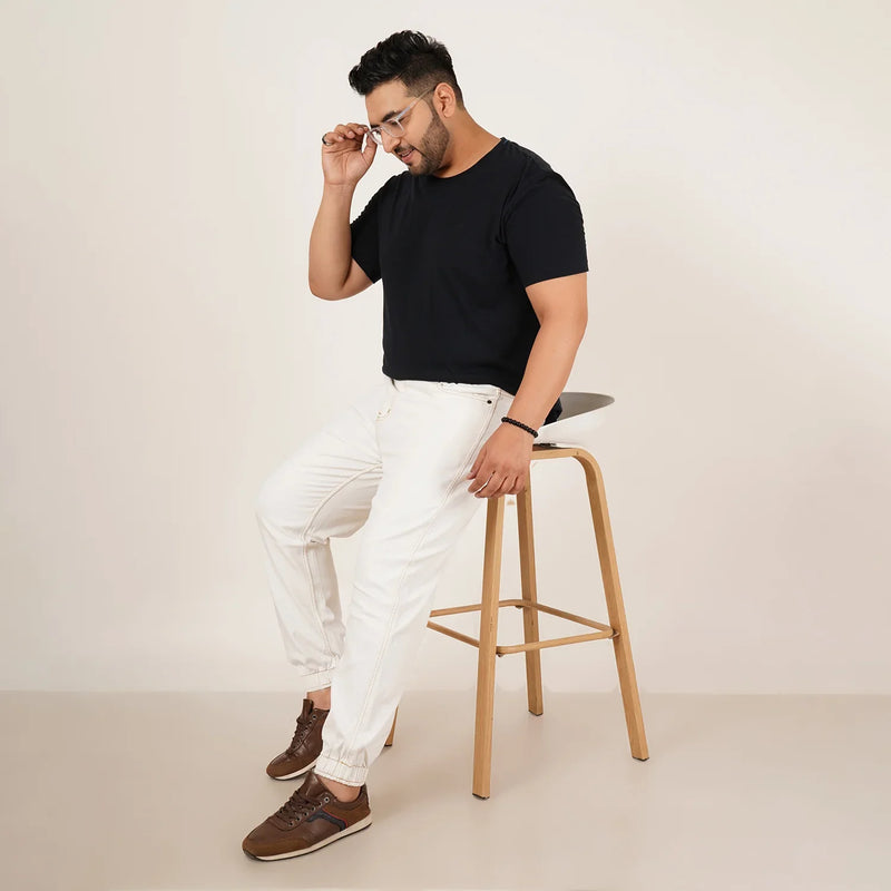 Kagad Jeans Mens Plus Size Loose Fit White Color Denim Jogger - Style Code 