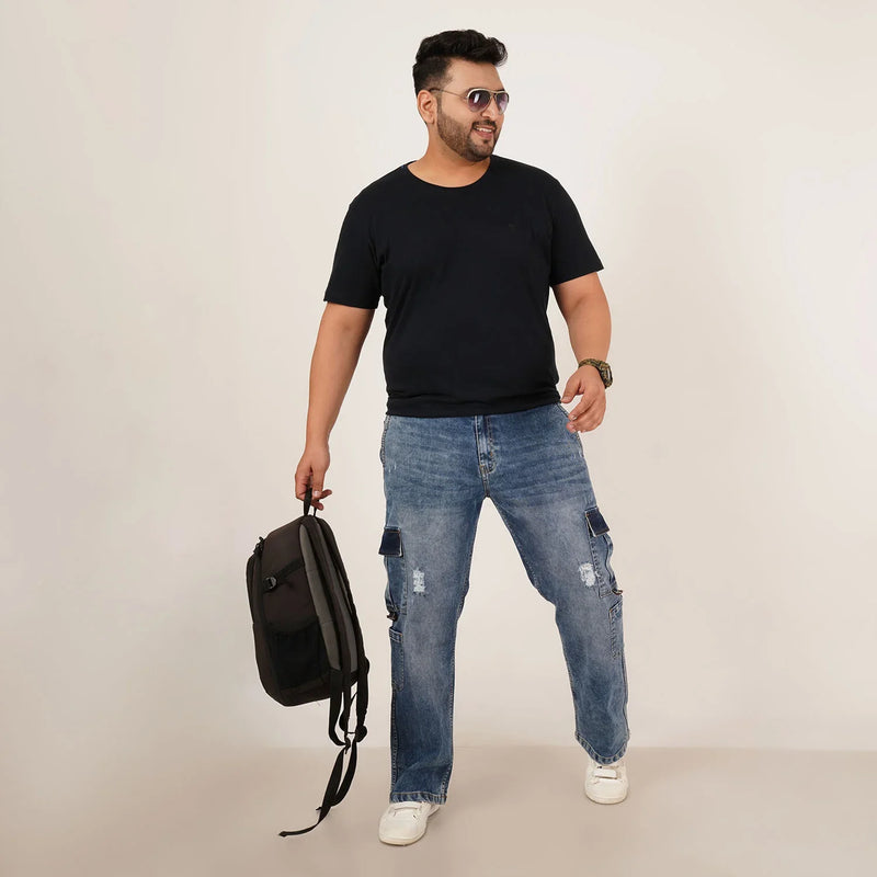 Kagad Jeans Mens Plus Size Straight Fit Mid Blue Color Denim Cargo Jeans - Style Code 
