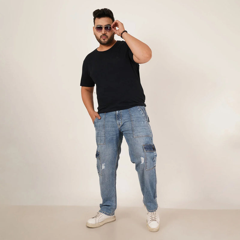 Kagad Jeans Mens Plus Size Straight Fit Light Blue Color Denim Cargo Jeans - Style Code 